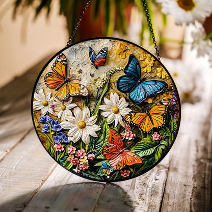 Colorful Butterfly and Flower Stained Glass Suncatcher