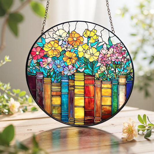 Book and Flower Stained Glass Suncatcher