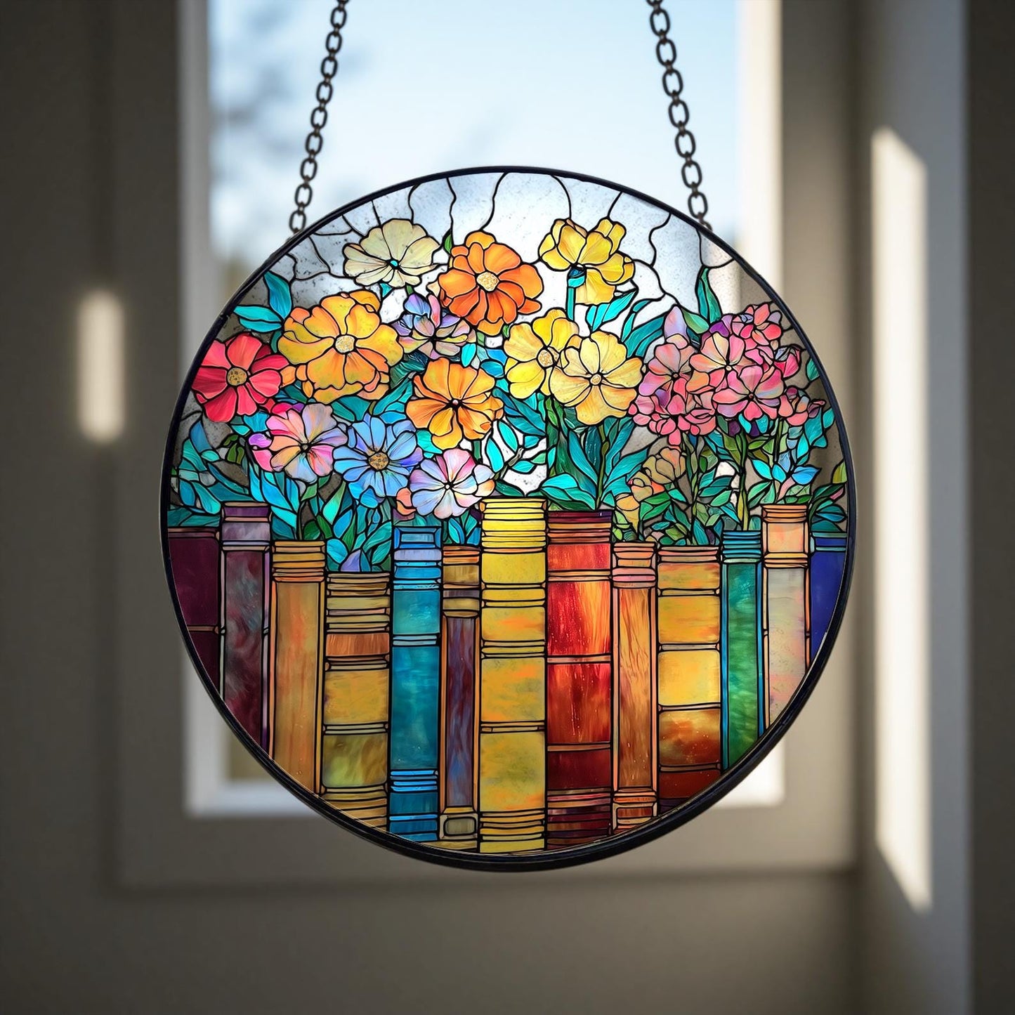 Book and Flower Stained Glass Suncatcher