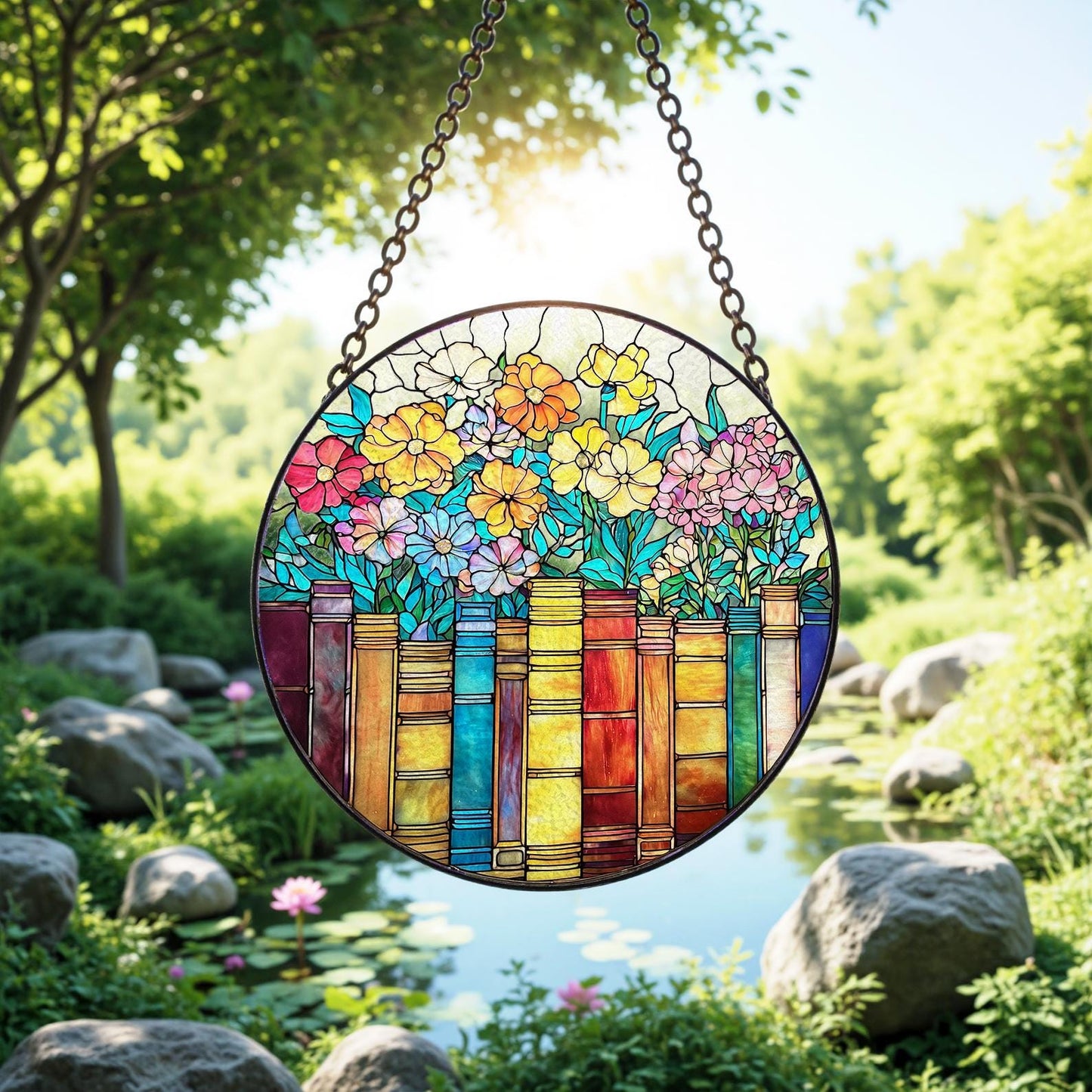Book and Flower Stained Glass Suncatcher