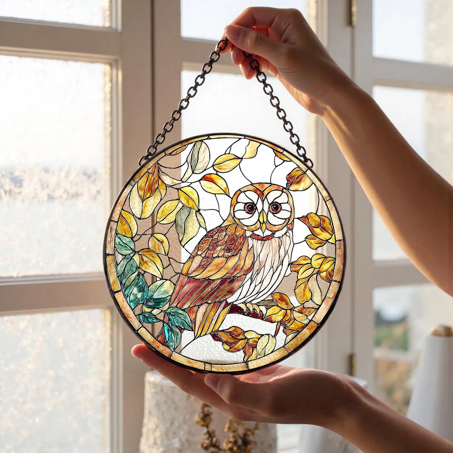 Owl Stained Glass Suncatcher: Bird Window Hanging Decor 2