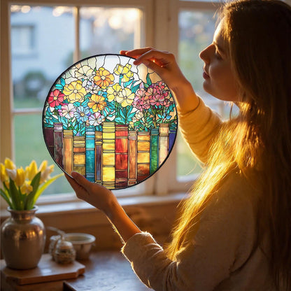 Book and Flower Stained Glass Suncatcher
