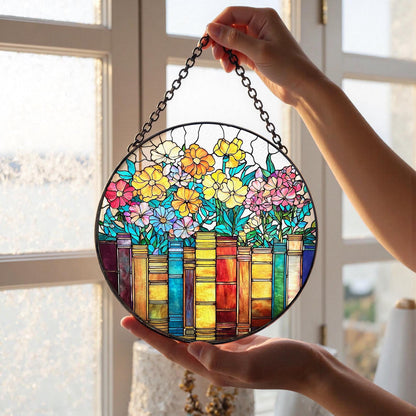 Book and Flower Stained Glass Suncatcher