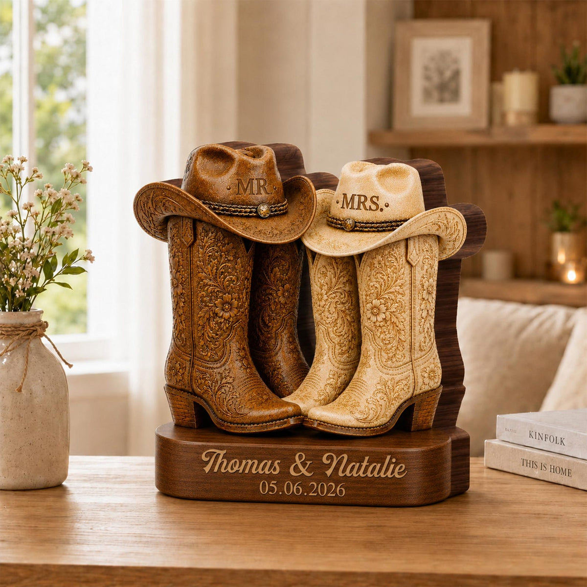 Personalized Western Cowboy Boots Wooden Block,Mr and Mrs Wedding Decor,Cowboy Cowgirl Boots Sign