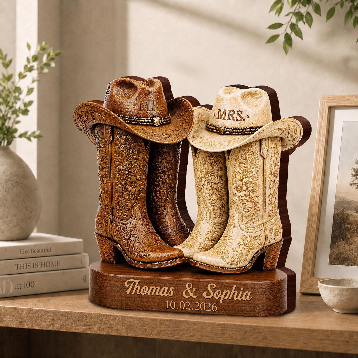 Personalized Western Cowboy Boots Wooden Block,Mr and Mrs Wedding Decor,Cowboy Cowgirl Boots Sign