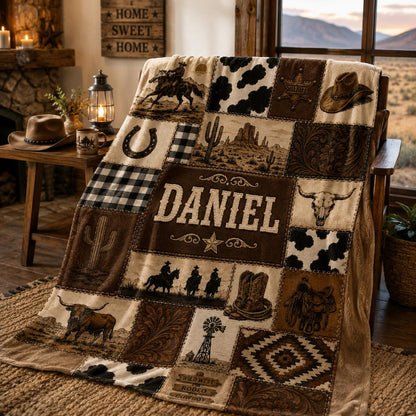 Western Cowboy Blanket, Custom Ranch Cowhide Patchwork Throw