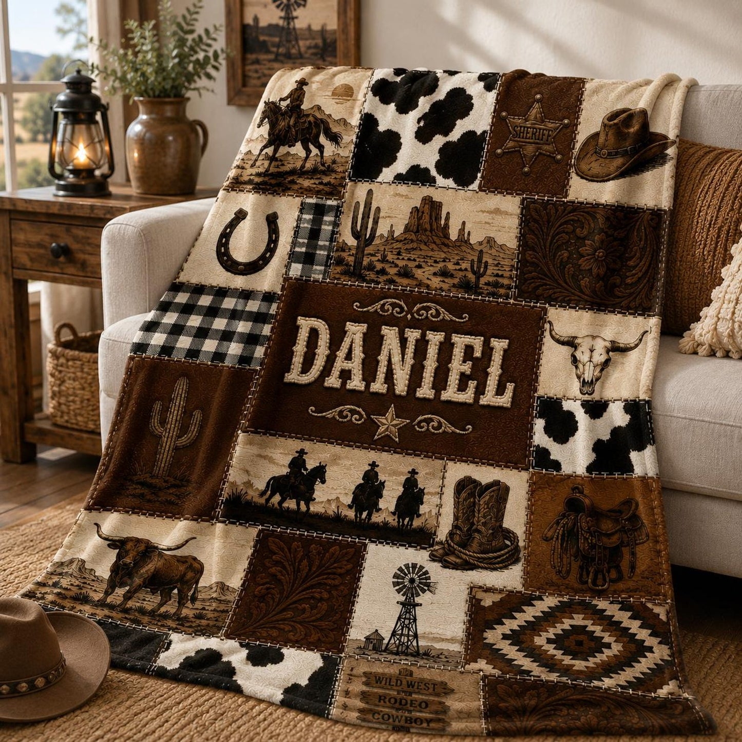 Western Cowboy Blanket, Custom Ranch Cowhide Patchwork Throw