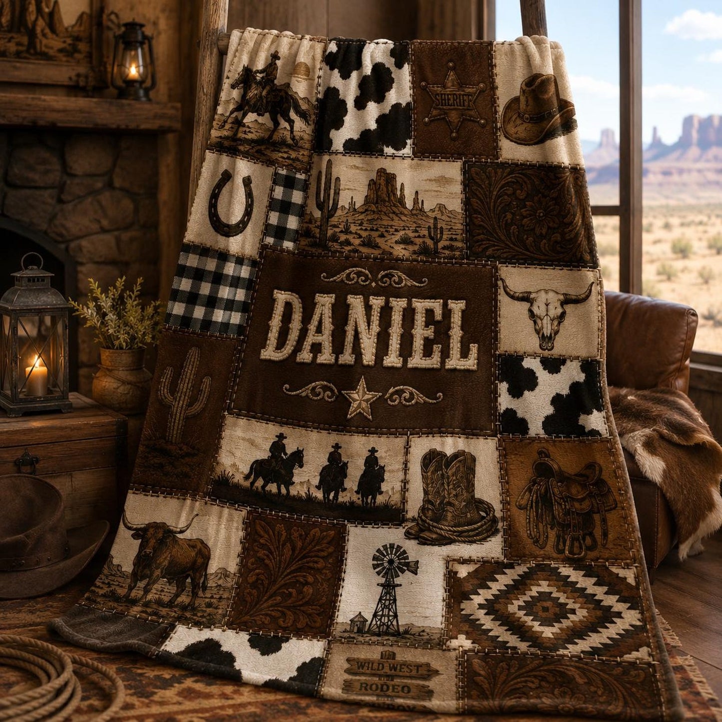Western Cowboy Blanket, Custom Ranch Cowhide Patchwork Throw