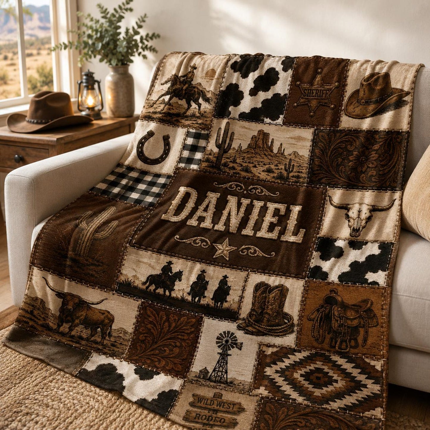 Western Cowboy Blanket, Custom Ranch Cowhide Patchwork Throw