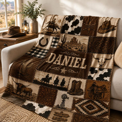 Western Cowboy Blanket, Custom Ranch Cowhide Patchwork Throw