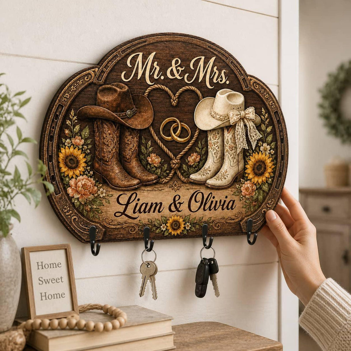 Personalized Wooden Key Holder Country Western Couple Cowboy Boots Sunflower Wall Hook