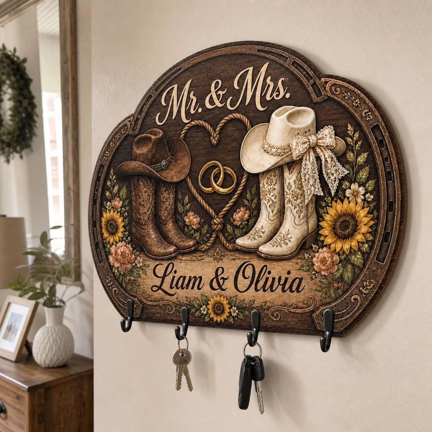 Personalized Wooden Key Holder Country Western Couple Cowboy Boots Sunflower Wall Hook