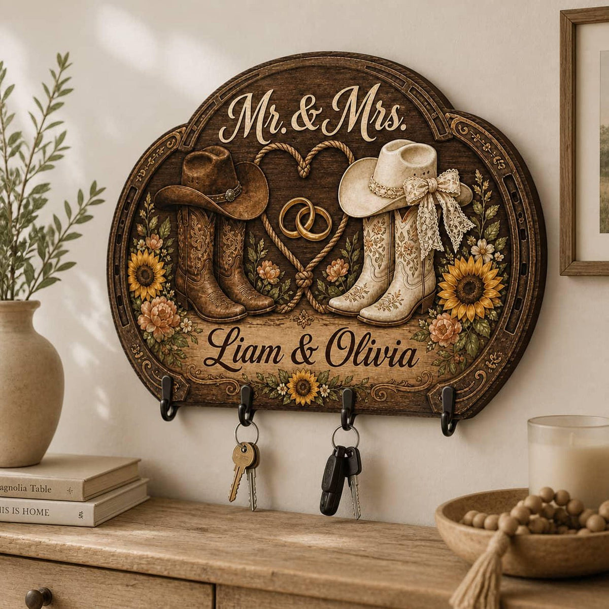 Personalized Wooden Key Holder Country Western Couple Cowboy Boots Sunflower Wall Hook