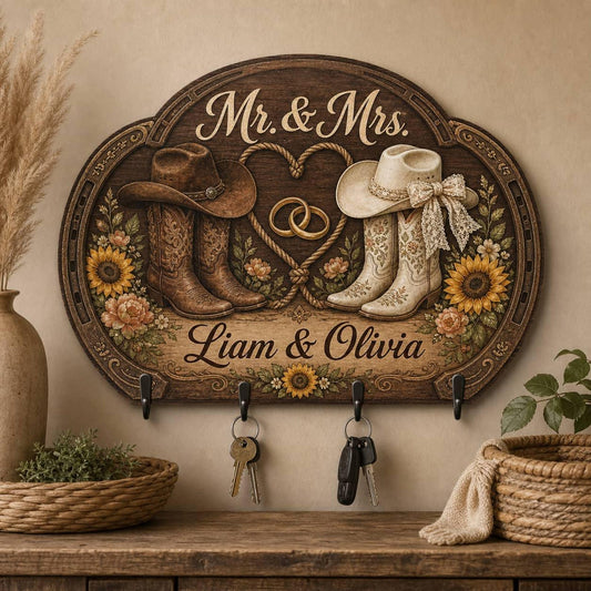 Personalized Wooden Key Holder Country Western Couple Cowboy Boots Sunflower Wall Hook