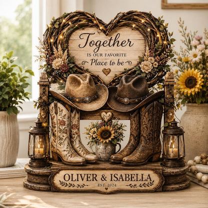 Personalized Western Couple Wooden Block, Cowboy Cowgirl Anniversary Decor