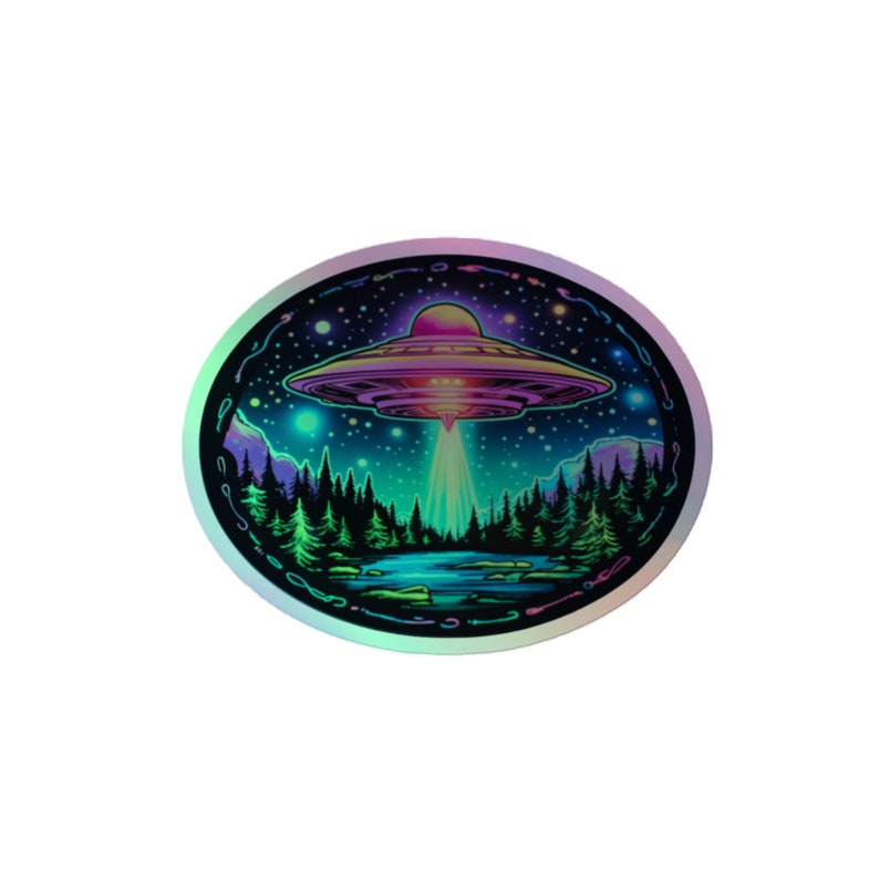 Luminous Lakeside Landing Holographic UFO Sticker