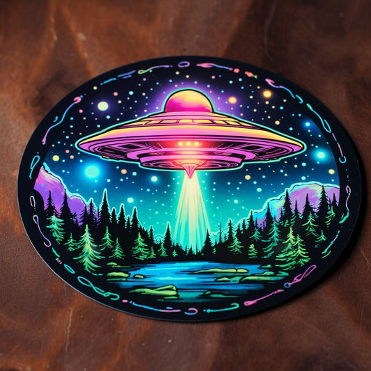 Luminous Lakeside Landing Holographic UFO Sticker