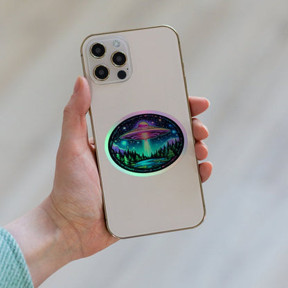 Luminous Lakeside Landing Holographic UFO Sticker