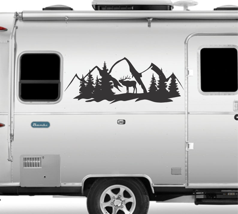 Camper RV Decal Deer in Forest and Mountains