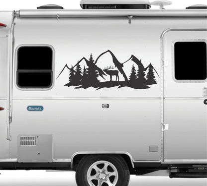 Camper RV Decal Deer in Forest and Mountains