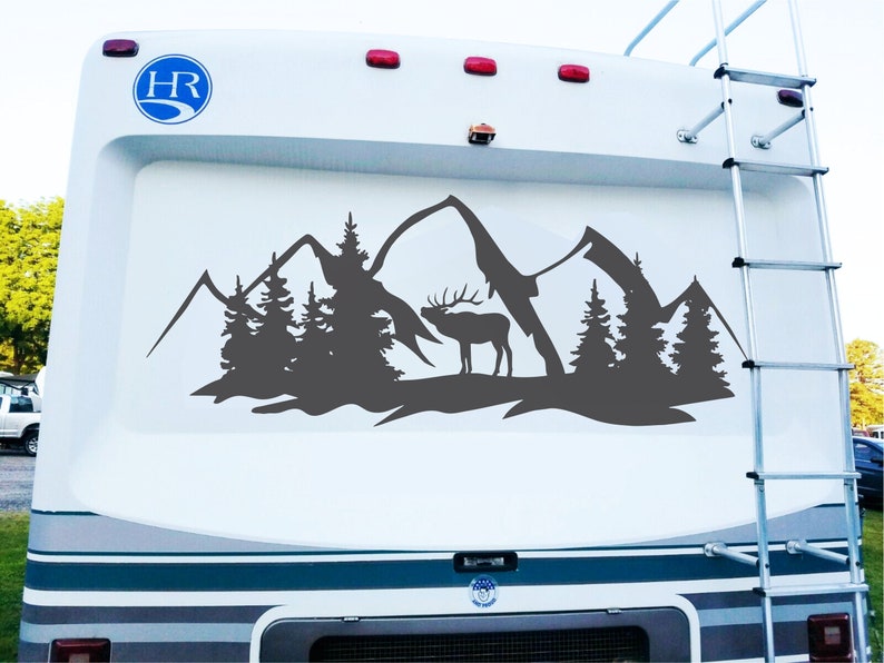 Camper RV Decal Deer in Forest and Mountains