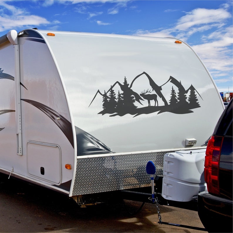 Camper RV Decal Deer in Forest and Mountains