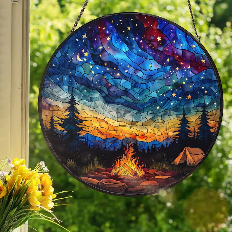 Starry Camp Fire Stained Glass Suncatcher