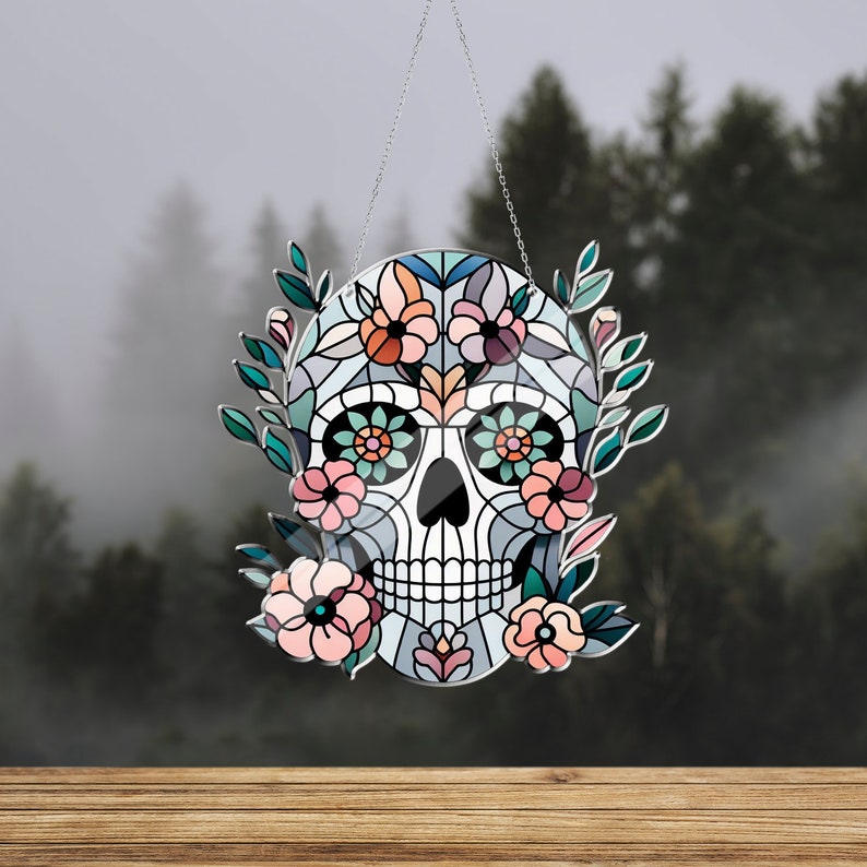Floral Skeleton Stained Glass Suncatcher