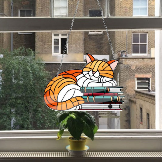 Cute Cat Sleeping Stained Glass Suncatcher