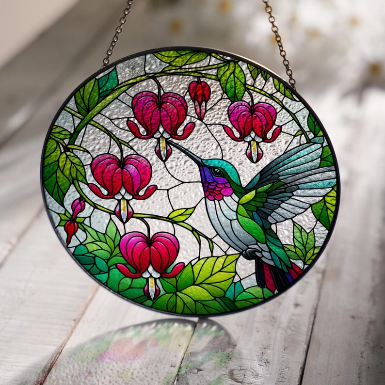 Hummingbird And Bleeding Heart Flowers Stained Glass Suncatcher