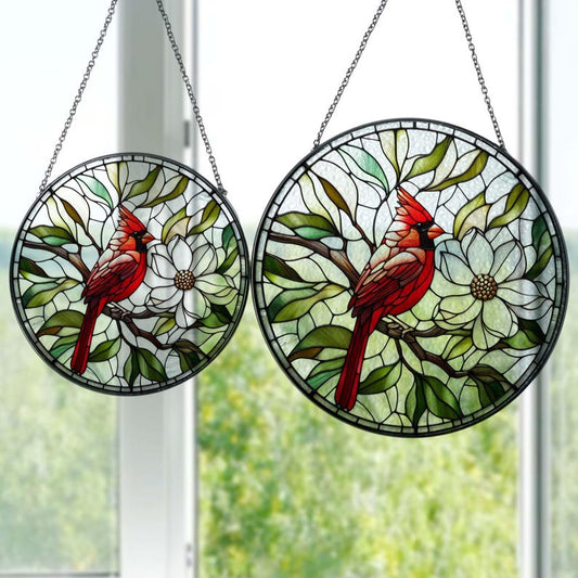 Cardinal and Magnolia Stained Glass Suncatcher