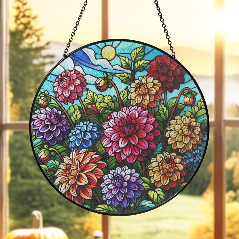 Dahlia Flowers Stained Glass Suncatcher