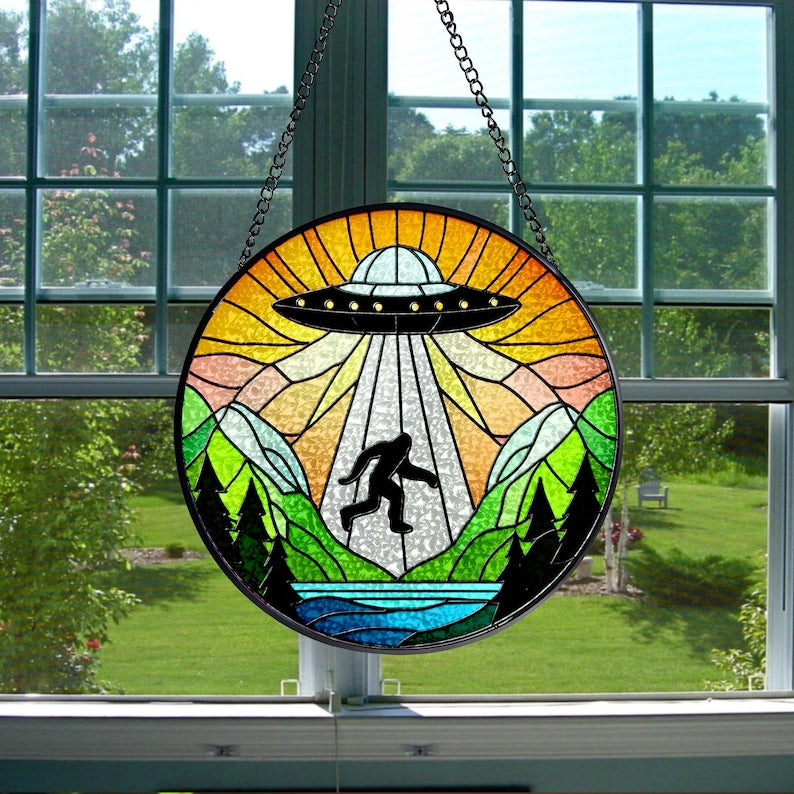 UFO Abduction Bigfoot Stained Glass Suncatcher