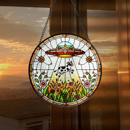 UFO Abduction Cow Wildflowers Stained Glass Suncatcher