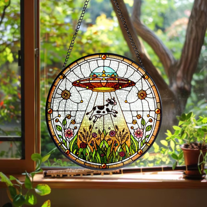 UFO Abduction Cow Wildflowers Stained Glass Suncatcher