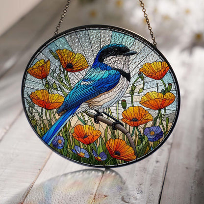 California Scrub Jay And Poppies Stained Glass Suncatcher
