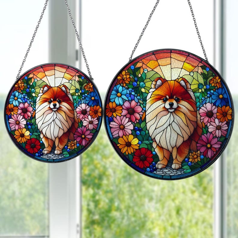 Pomeranian Dog With Flower Stained Glass Suncatcher