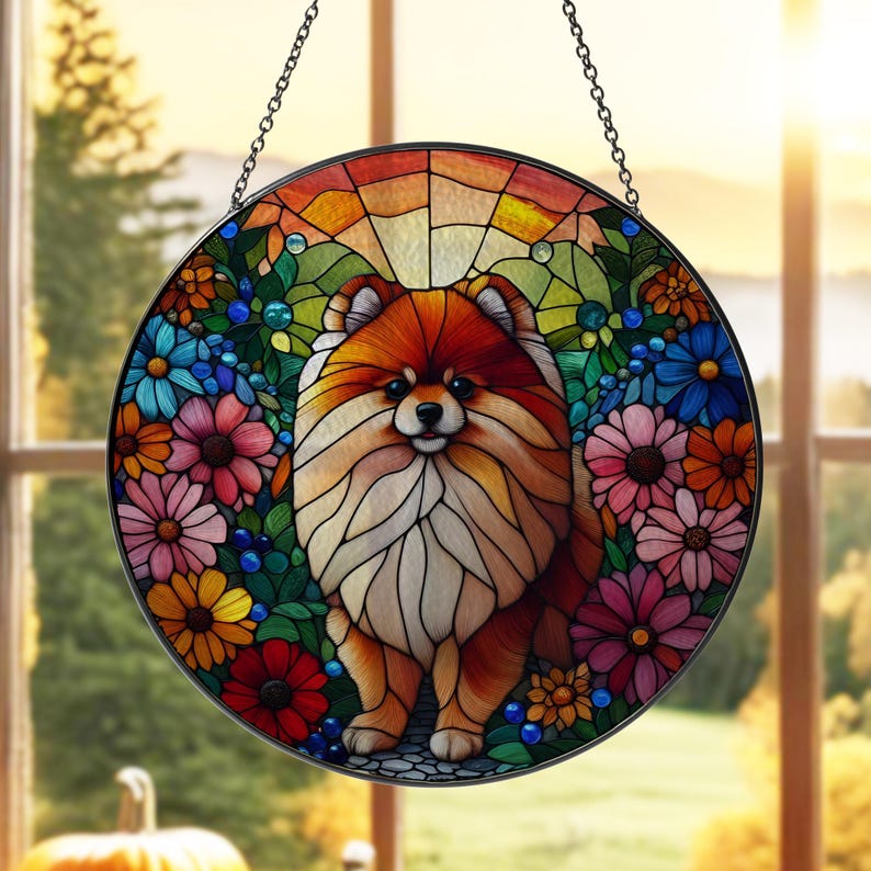 Pomeranian Dog With Flower Stained Glass Suncatcher
