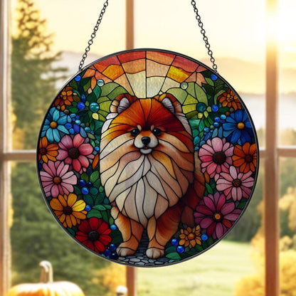 Pomeranian Dog With Flower Stained Glass Suncatcher