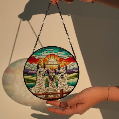 3 Llama Peeking Stained Glass Suncatcher