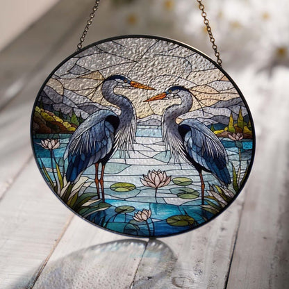 Blue Heron Couple Stained Glass Suncatcher