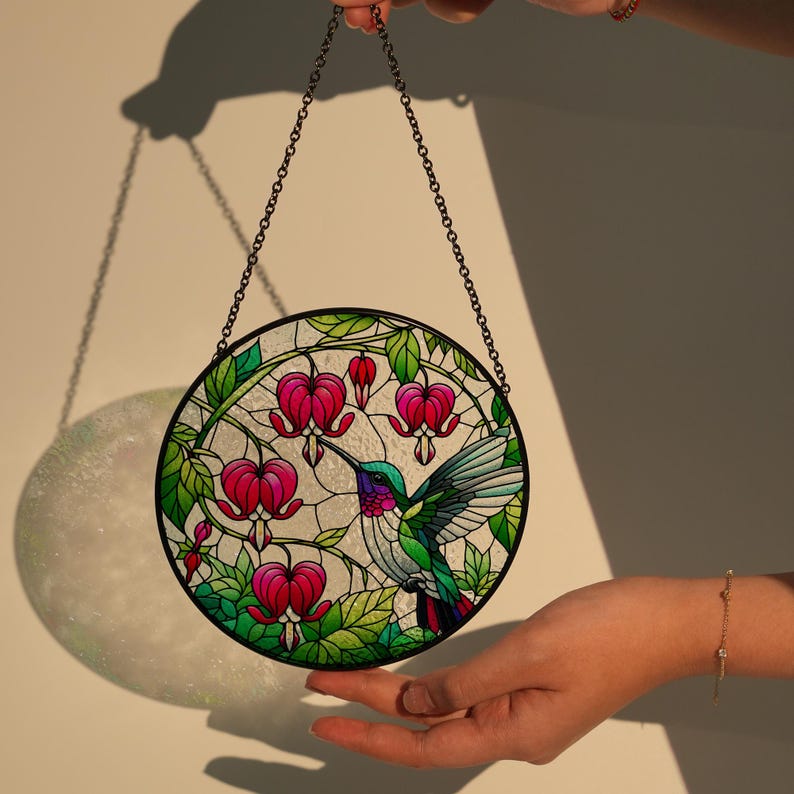 Hummingbird And Bleeding Heart Flowers Stained Glass Suncatcher