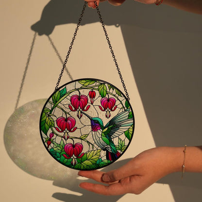 Hummingbird And Bleeding Heart Flowers Stained Glass Suncatcher