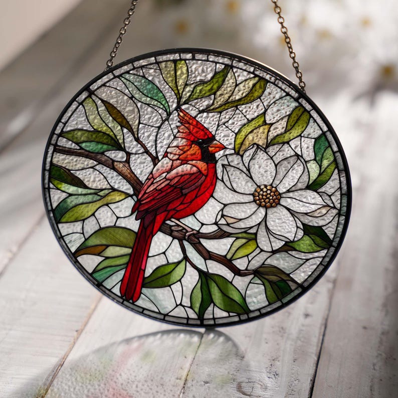Cardinal and Magnolia Stained Glass Suncatcher