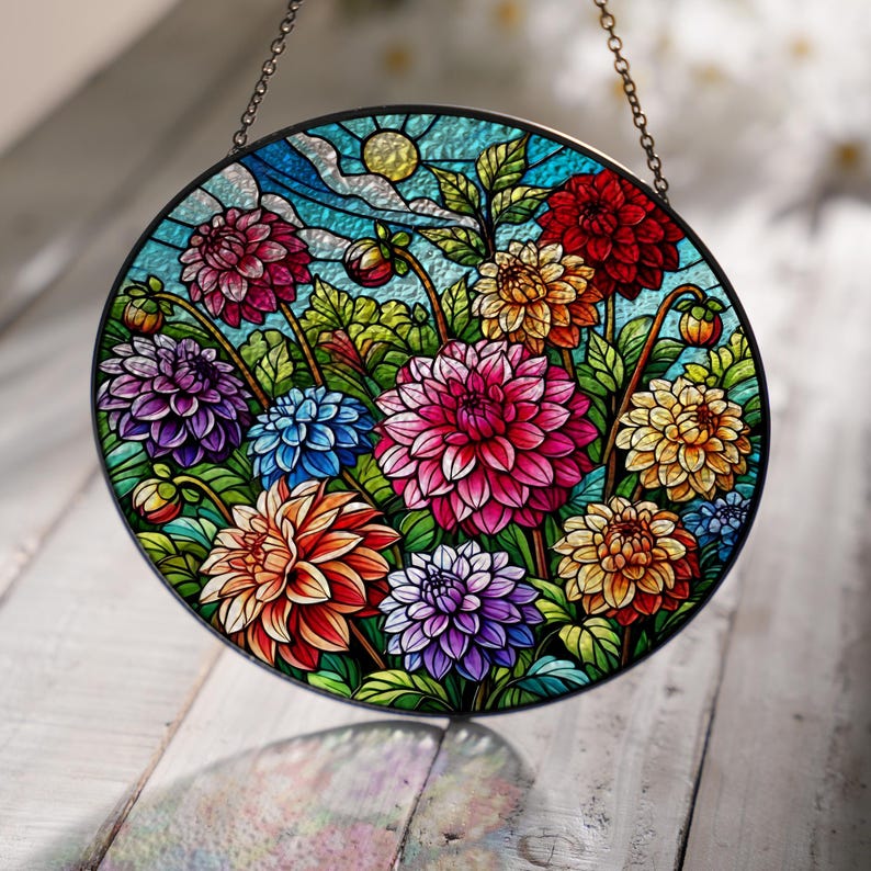 Dahlia Flowers Stained Glass Suncatcher