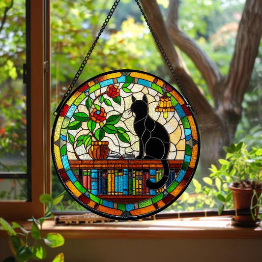 Black Cat Sitting On Bookshelf Stained Glass Suncatcher