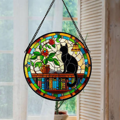 Black Cat Sitting On Bookshelf Stained Glass Suncatcher