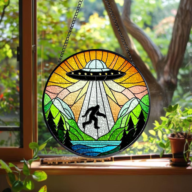 UFO Abduction Bigfoot Stained Glass Suncatcher