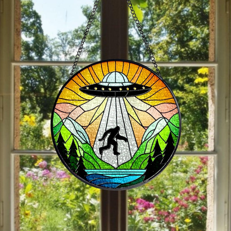 UFO Abduction Bigfoot Stained Glass Suncatcher