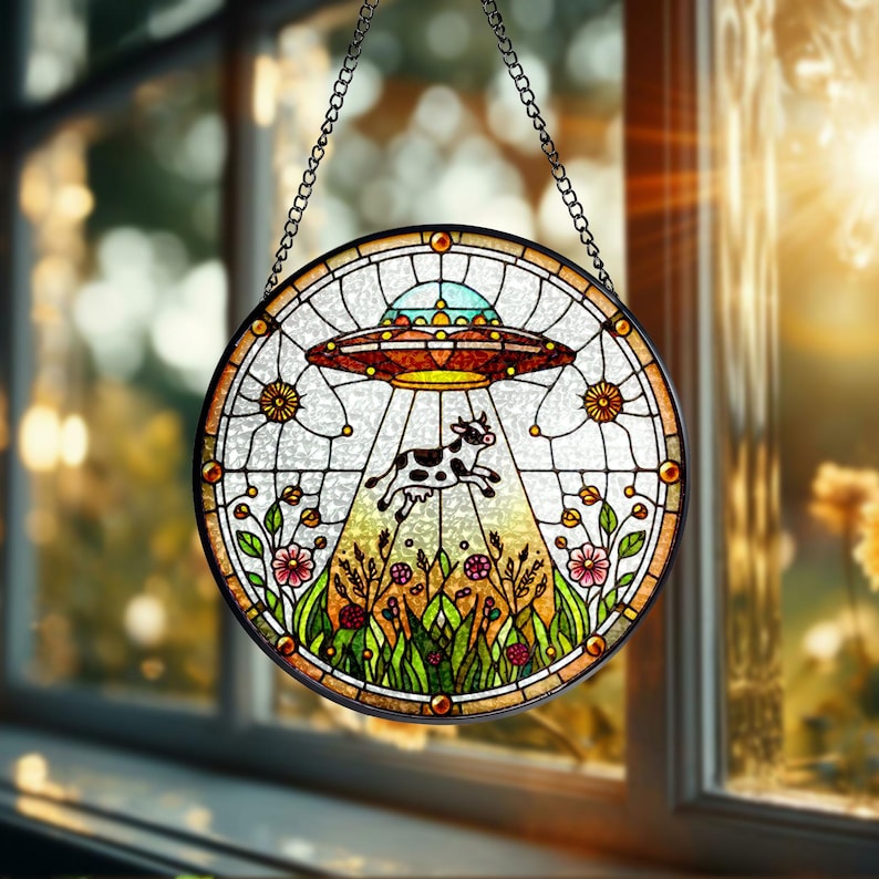 UFO Abduction Cow Wildflowers Stained Glass Suncatcher
